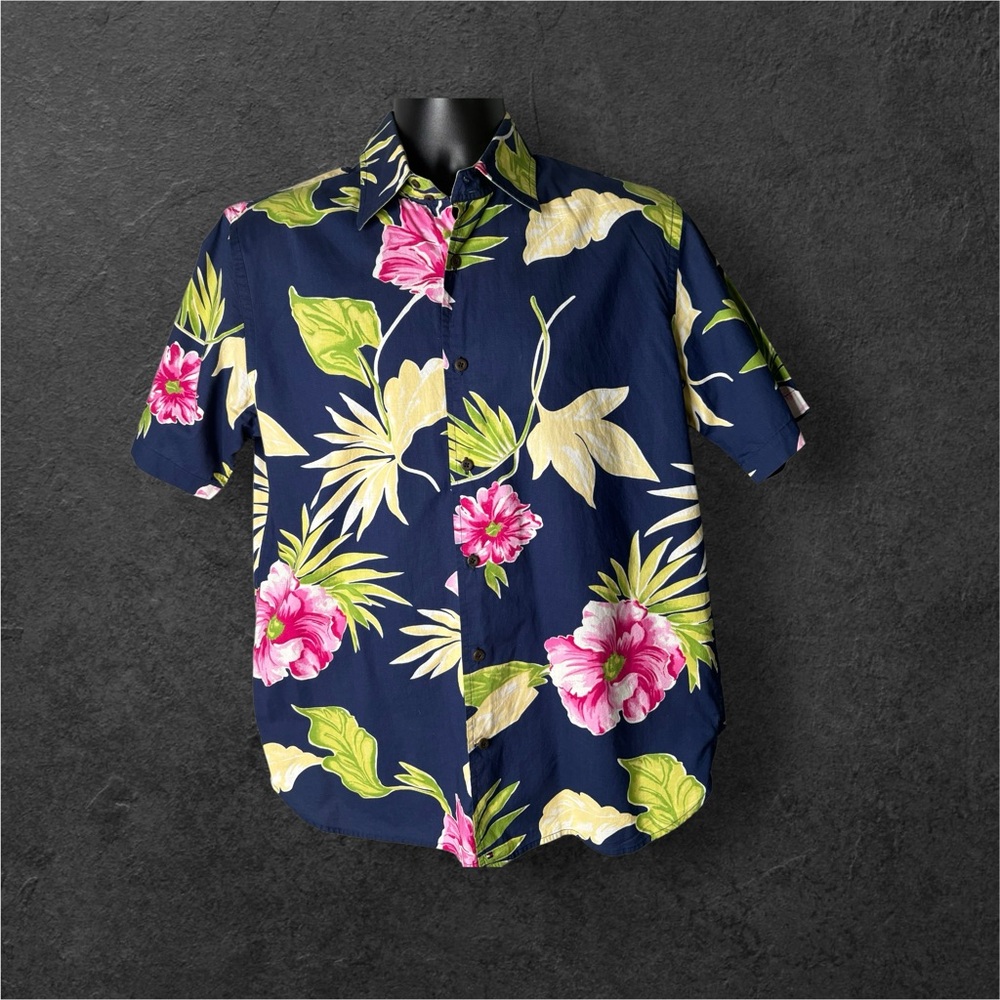 Tommy Hilfiger Hawaiian Shirt Men’s SZ Medium Blue Short Sleeve Floral/Leaves